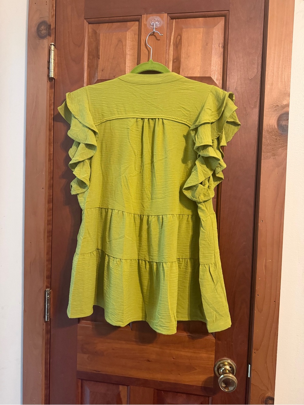 Umgee Bright Lime Green Ruffle Sleeve V-Neck Blouse - Picture 2 of 4